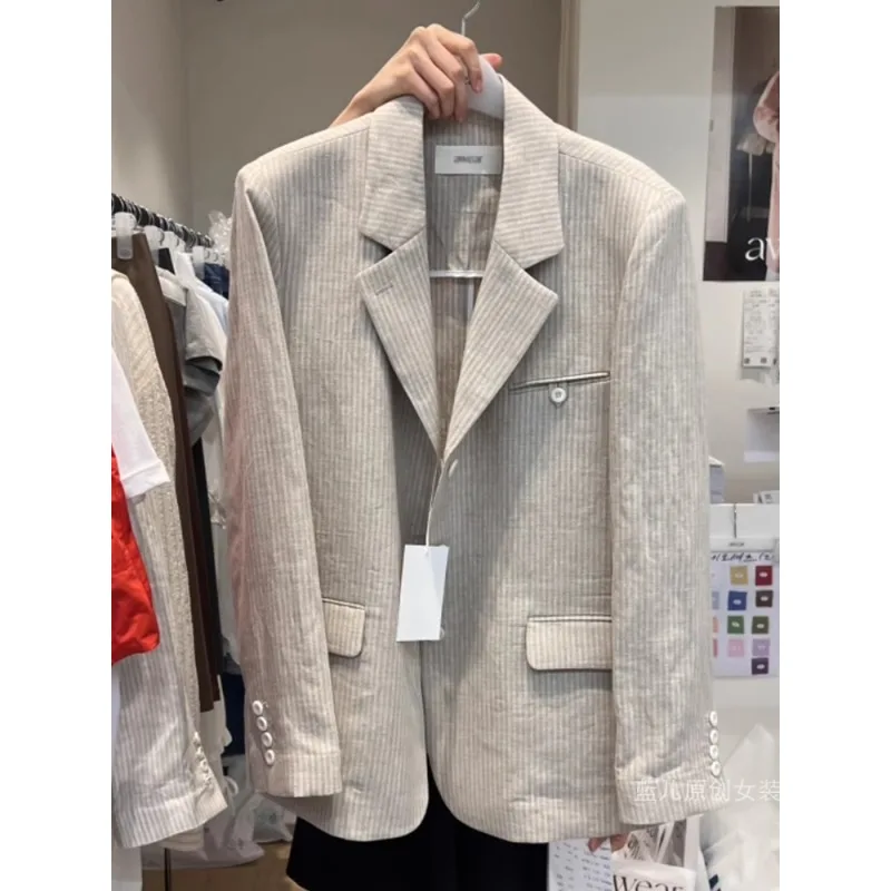 SuperAen Traje vintage a rayas para mujer Verano 2025 Algodón y lino Protección solar Abrigo suelto informal a medida