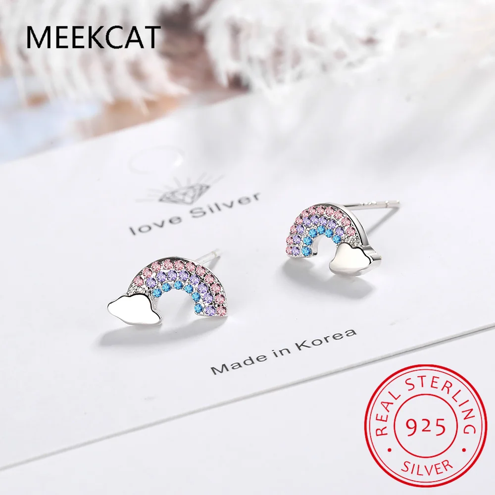 925 Solid Real Sterling Silver Jewelry Colorful CZ Rainbow Cloud Stud Earring Brincos de Prata Women Friend Girl Lady