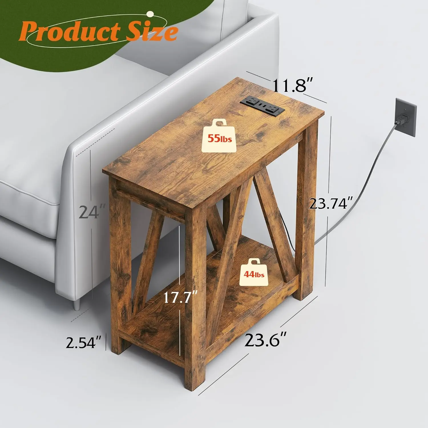 Farmhouse End Table, Narrow Side Table with Charging Station, Slim End Table, Side Table for Bedroom