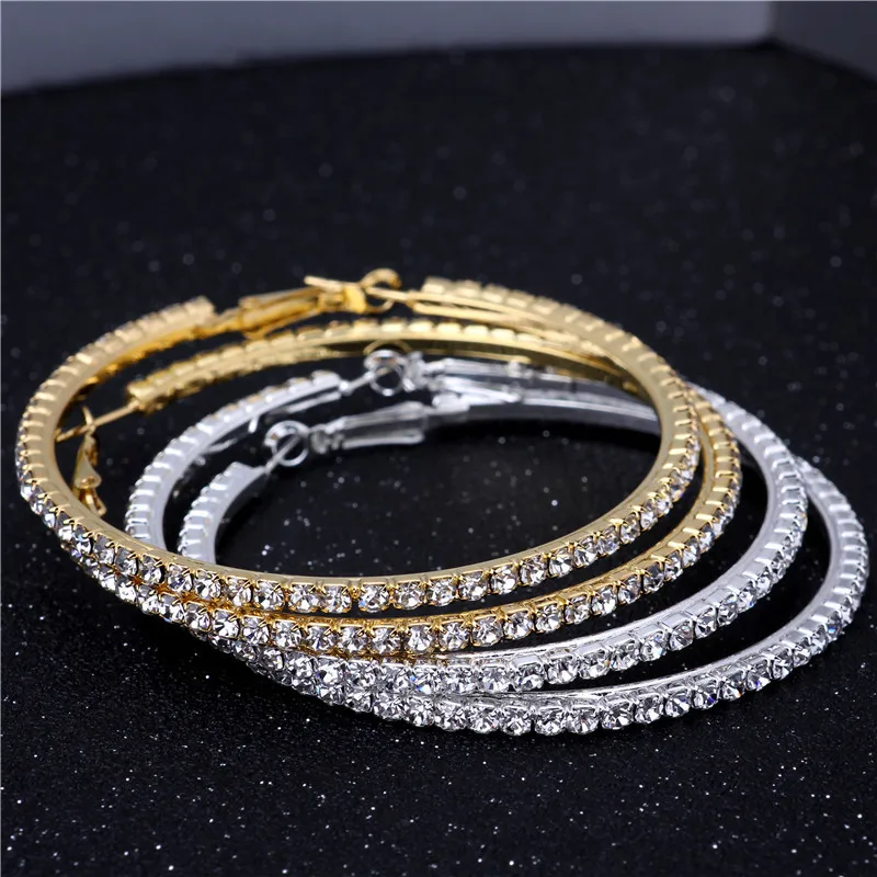 Fashion Rhinestone Big Hoop Earrings for Women Unique Shiny Rose Gold Silve Color Black Circle Earrings Party Wedding Jewelry