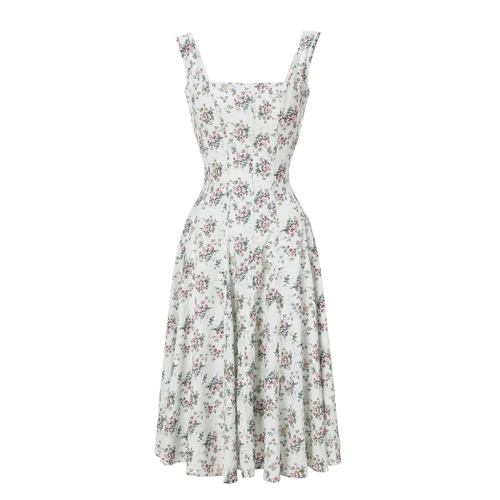 Women's Floral Lace-Up Corset Midi Dress for Summer Holidays