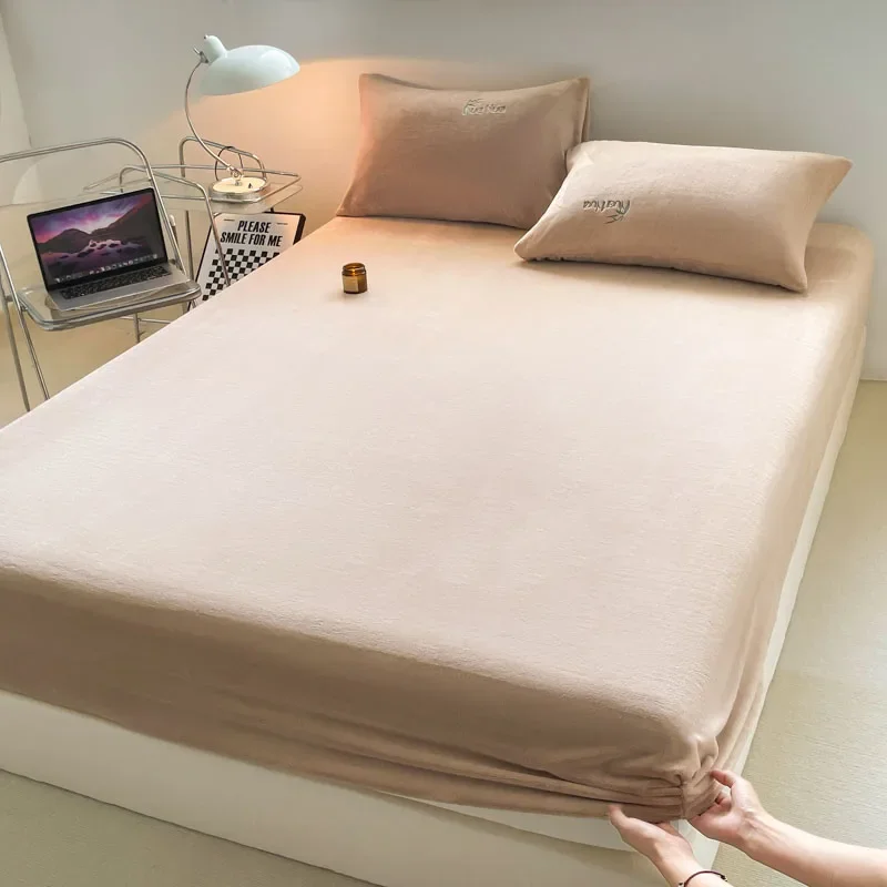 

2024 new 230g solid color milk fleece mattress single piece bedspread 360 degrees all-inclusive thickened warm