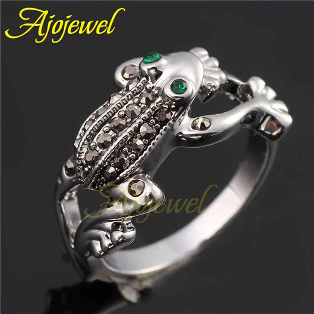 Ajojewel Black Rhinestones Jumping Frog Ring Animal  Jewelry Natural Style Fashion Gifts