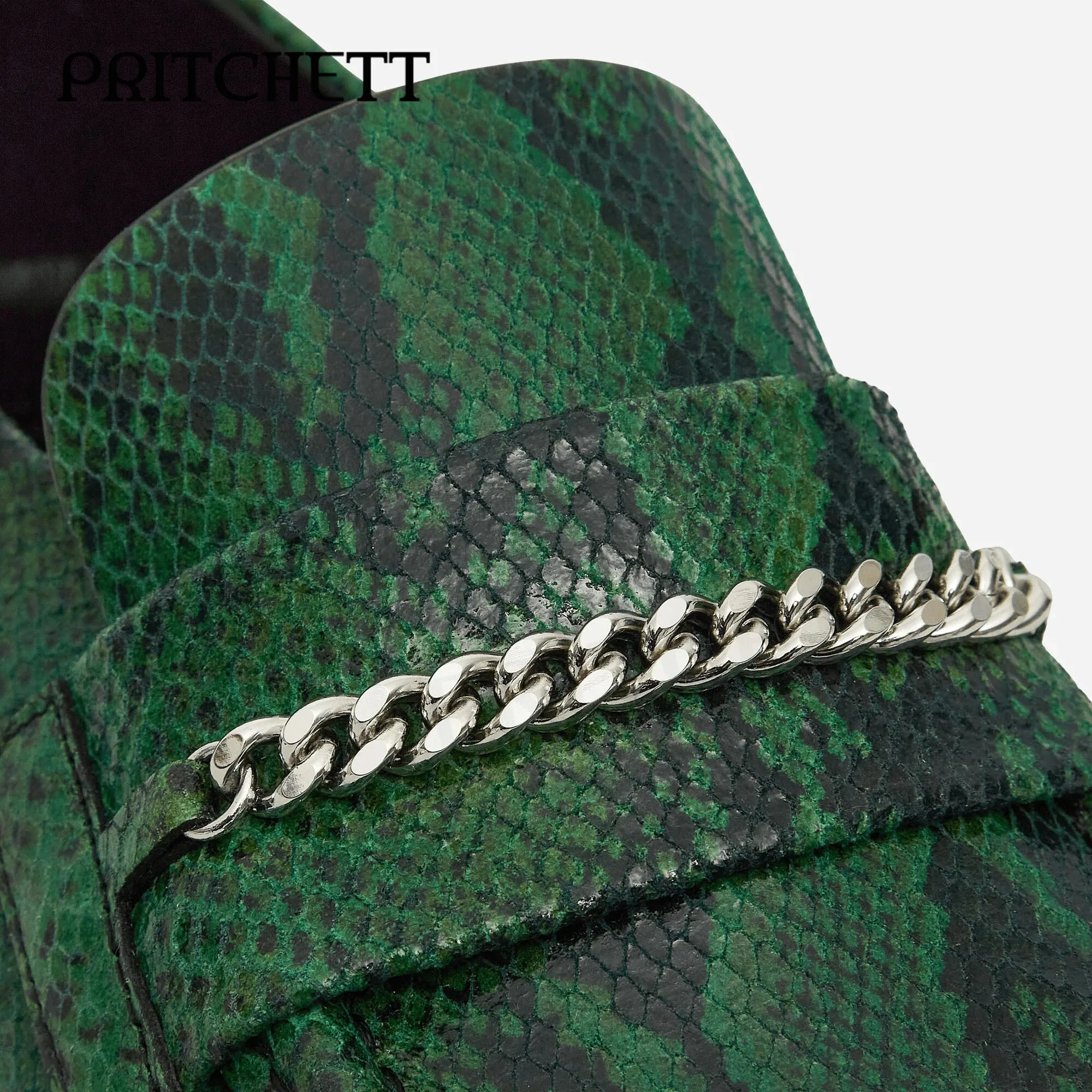 Green Snake Pattern Metal Chain Loafers Square Toe Square Root Shallow Mouth Slip On Leather Formal Comfortable Casual Shoes