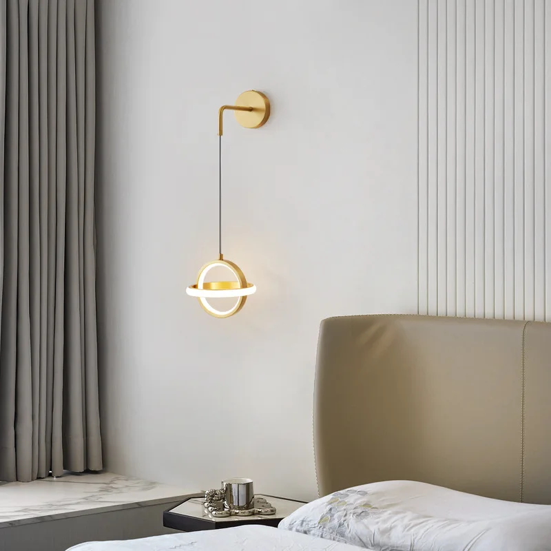 

New Creative Art Bedroom Bedside Chandelier Modern Simple Living Room Entrance Long Line copper LED Small Pendant Lamp Wall lamp