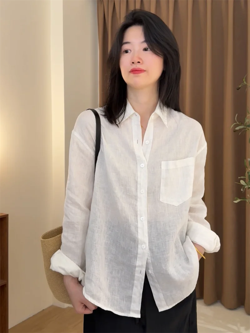 

Lightweight White Linen irt Loose Fit Summer Sun Protection Korean Sle Commute Wind Women's Long Sve Collar irt