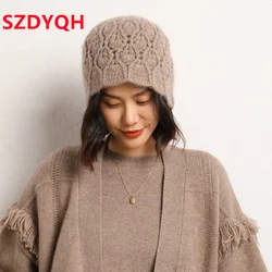 2023 Autumn Winter New Women Hats 100% Pure Cashmere Knitted Headgears Soft Warm Fashion Thick Cap 3 Colors High Quanlity