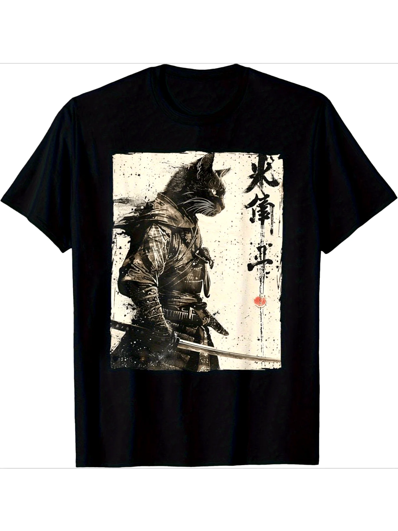 Japanese Anime Samurai Cat Pattern T-shirt Soft & Casual Shirt Retro Street Style Short-sleeved Shirt Idea for Cat Lovers Black