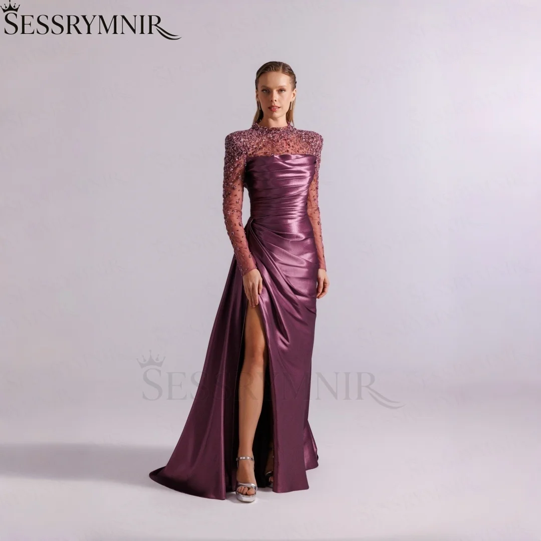 SESSRYMNIR Women'S Formal Evening Gowns Customize Scoop Neck Women Evening Dress Long Sleeves A-Line Floor-Length High Slit