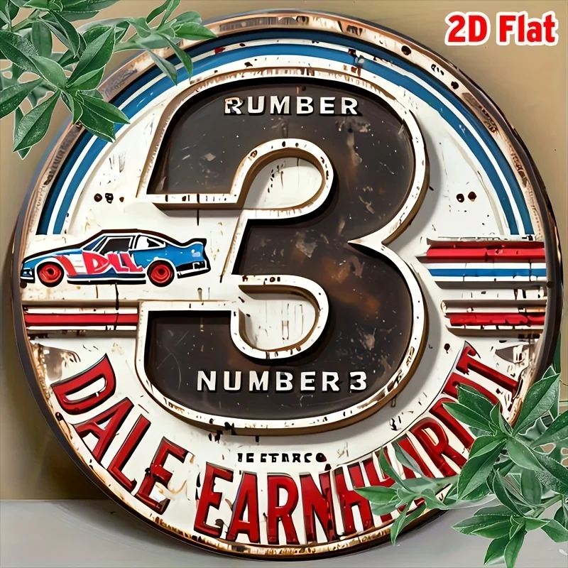 Piatto 2D - Targa in metallo vintage Dale Earnhardt Racing numero 3 - Decorazione da parete in alluminio da 8x8 pollici con illustrazione di auto, rosso rustico