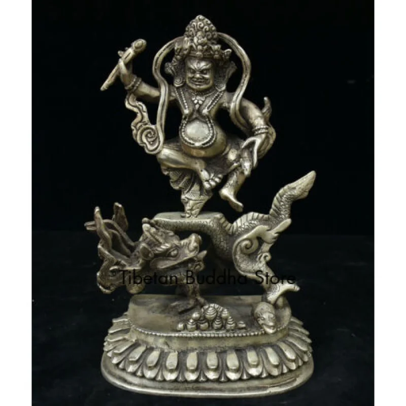 Tibet temple Silver Ride Dragon Yellow Jambhala Wealth God Mammon Buddha Statue