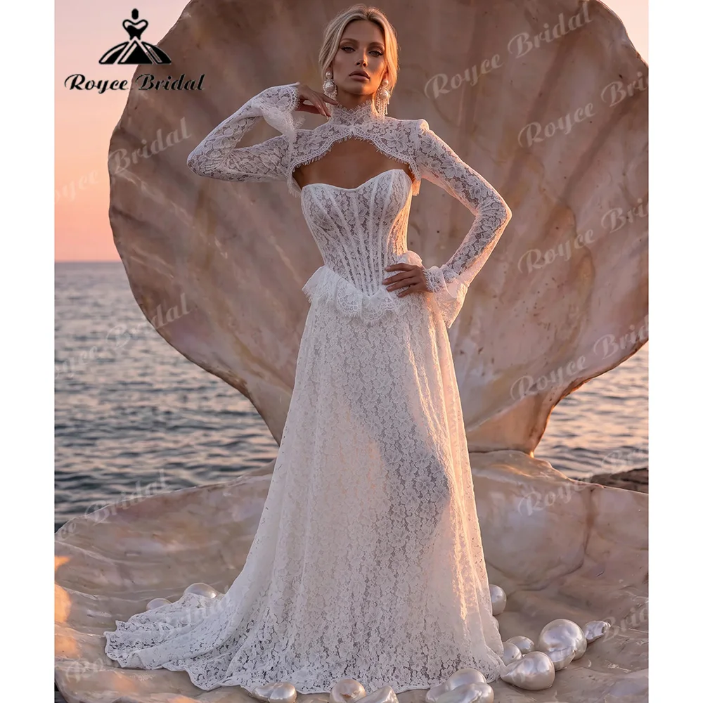 2027 Two Piece Boho Lace Wedding Dress Detachable Long Flare Sleeve High Neck Bolero Sweetheart A Line Bridal Gown Customized