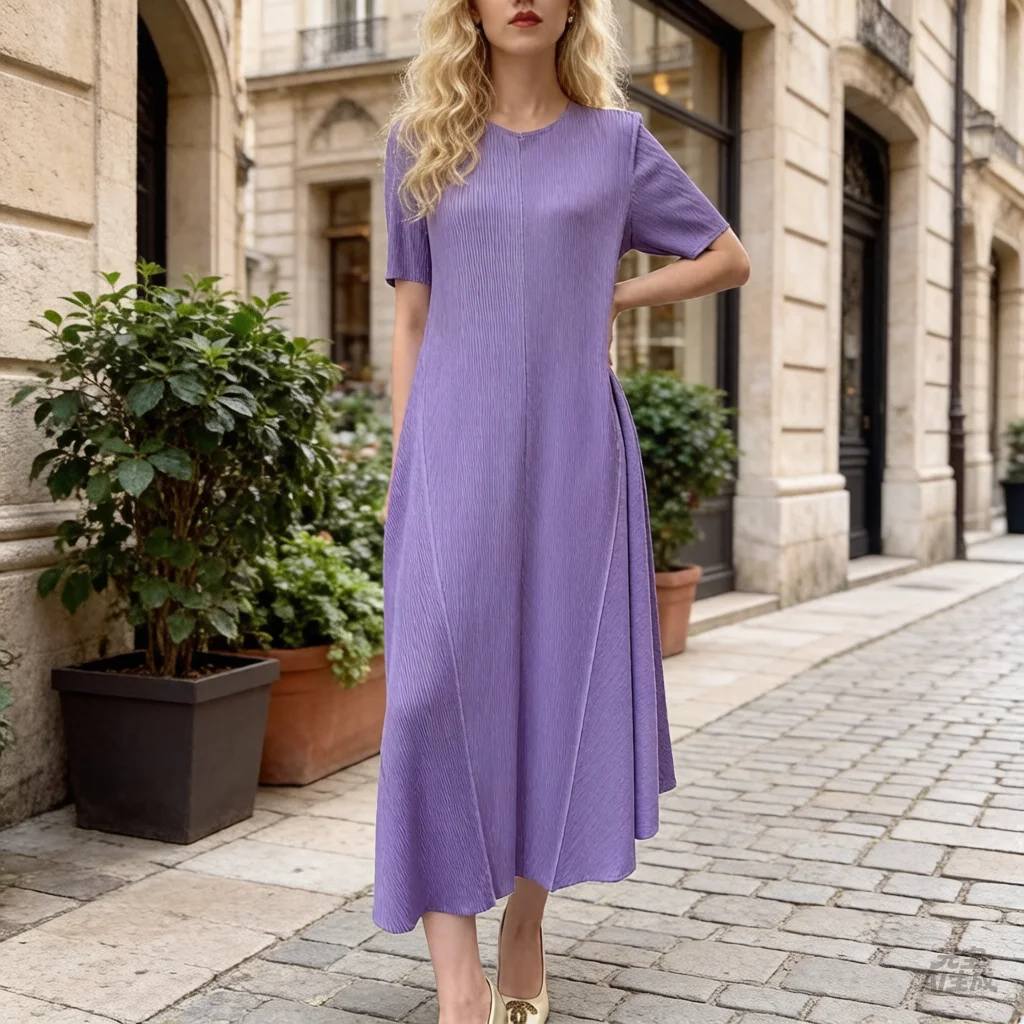 

Miyake Pleated 2026 Summer New Arrival Dress for Women Mid-Length Short-Sleeved Round Neck Loose-Fitting Full-Skirted Dress