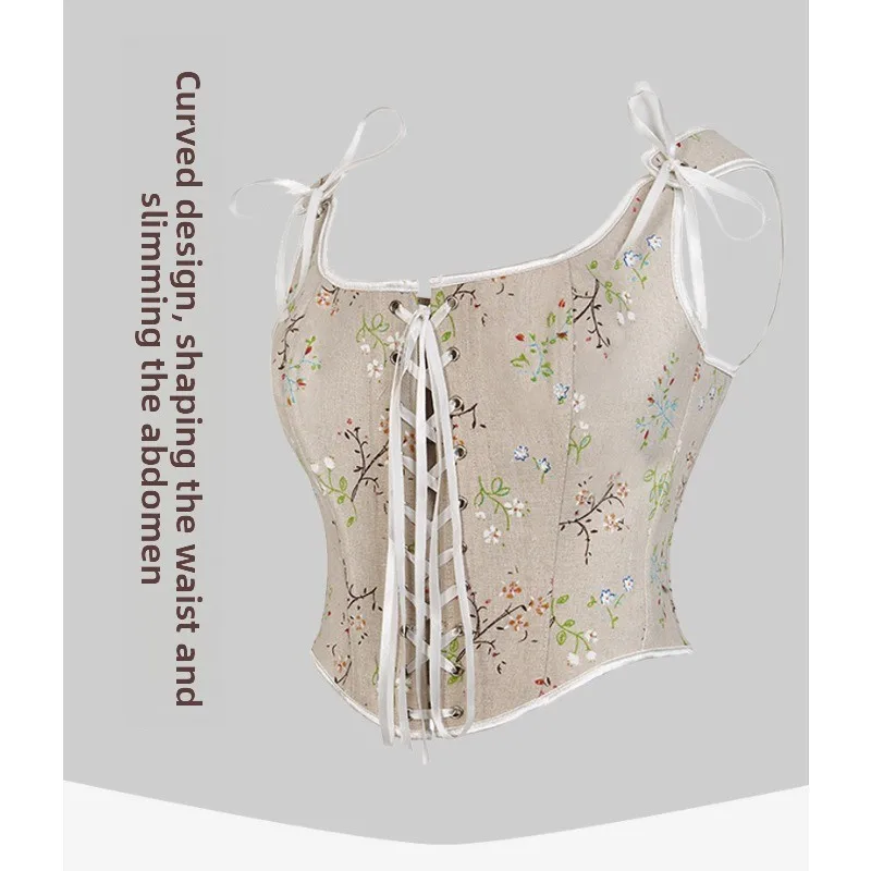 

Vintage Floral Corset Bow Tie Strap U Neck Slim Crop Top Woman Corsage Camisole