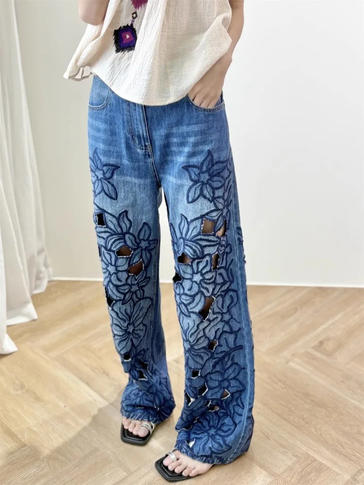 Celana Jeans Wanita Musim Panas Celana Panjang Lurus Bordir Bunga Celana Panjang Denim Pinggang Tinggi Antik Berongga Kasual Pakaian Jalanan Desainer