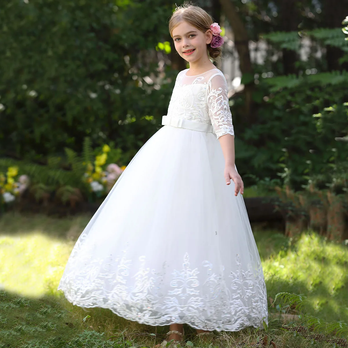 New Elegant Dress for Young Girls Flower Girl Wedding Dress Party Evening Princess Dress Lace Formal White Clothes 4 to 12 Years