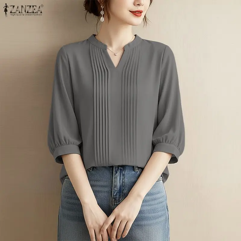 2026 ZANZEA printemps Blouses femmes col en V 3/4 manches bureau Blouse chemise décontractée couleur unie hauts plissés tunique femme Mujer Blusas