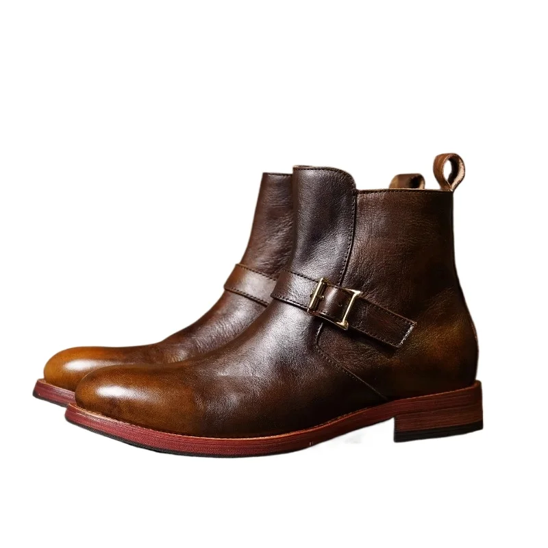 

American Retro British Men's Chelsea Boots Handmade High Top Belt Buckle Zipper Work Motorcycle Riding Ankle Boots Male Shoes