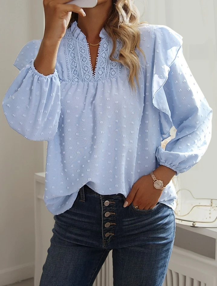 

Solid Color Temperament Stand Collar Long Sleeved Ruffle Design Lantern Sleeves Lace Patchwork Jacquard Fashionable Top