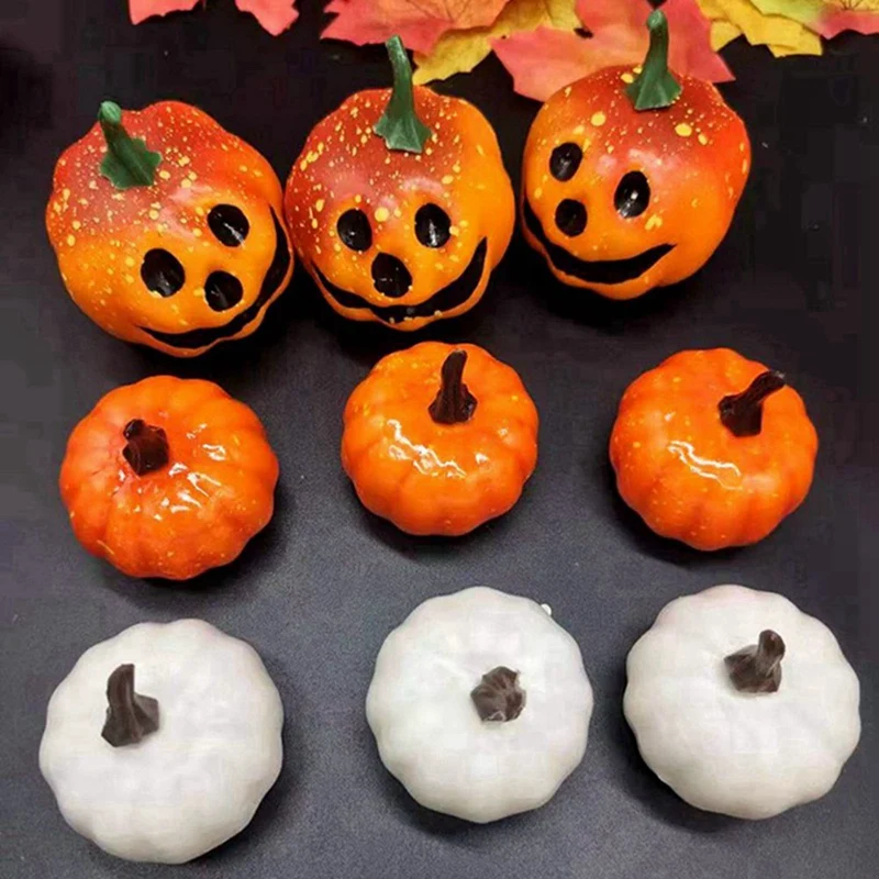 9 uds/12 Uds Mini calabaza Artificial decoración DIY de Halloween decoraciones de escritorio simuladas fiesta calabaza sonriente mezclada blanco amarillo