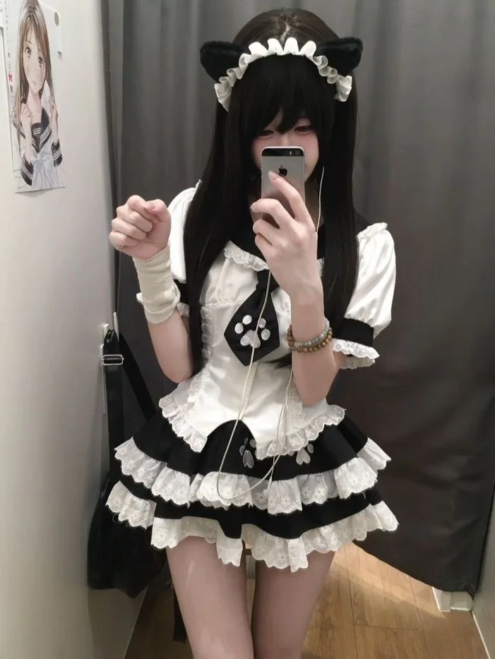 Zomer Nieuwe Bla Witte Kleur Colion Bubble Sve irt En Hoge Taille Gezwollen Rok Tweedelige Set College Sle orm JK...