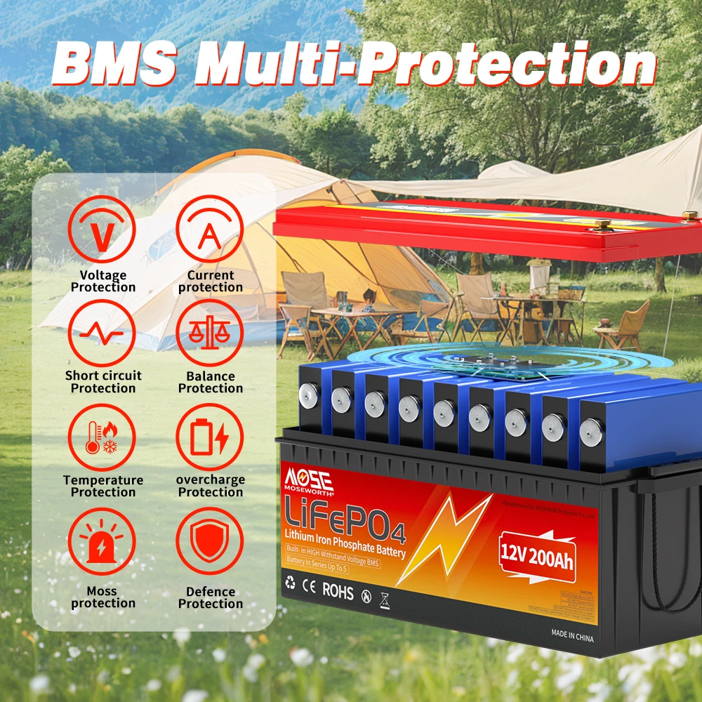 MOSEWORTH 12V 200Ah LiFePO4 Lithium Battery 2560Wh Built-in 200A BMS 10000+ Cycles 10-Year Lifespan Rechargeable RV Solar Camper