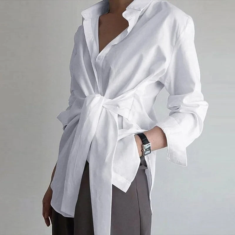 Elegant Long Sleeve Lace Up Shirt Buttons Women Office Lady Fashion White Loose Casual Blouse Bandge Simple Female Tops 18659