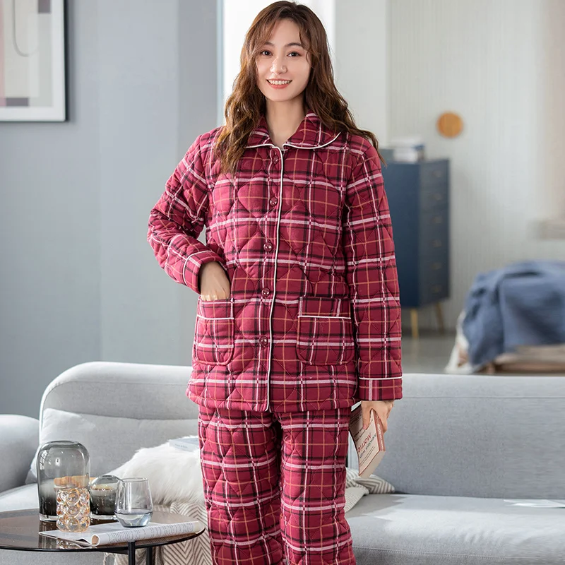 Red Plaid Women Pajamas Suit Winter Warm Coat Quilted Thicken Pants Nightgown 2 Piece Set Winter Home Service Mother Clothes