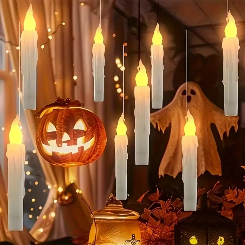 Candela galleggiante con bacchetta magica tremolante, luce LED calda, telecomando, set di candele alimentate a batteria per decorazioni per feste di Halloween