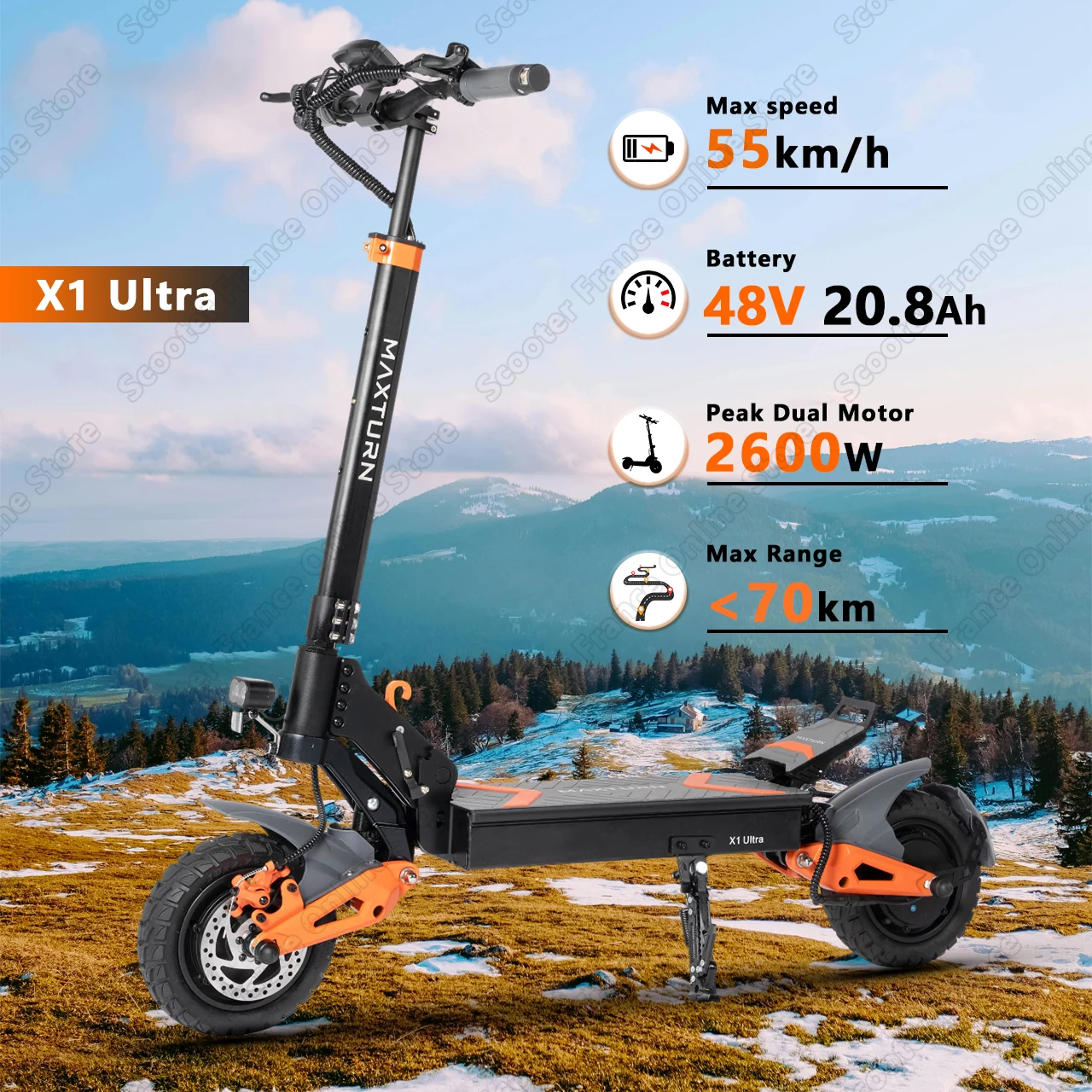 Scooter ultra elettrico Maxturn X1, doppio motore di picco 2600 W Batteria 48 V 20,8 Ah, scooter elettrico con design a sospensione completa con NFC, pneumatico da 10 pollici