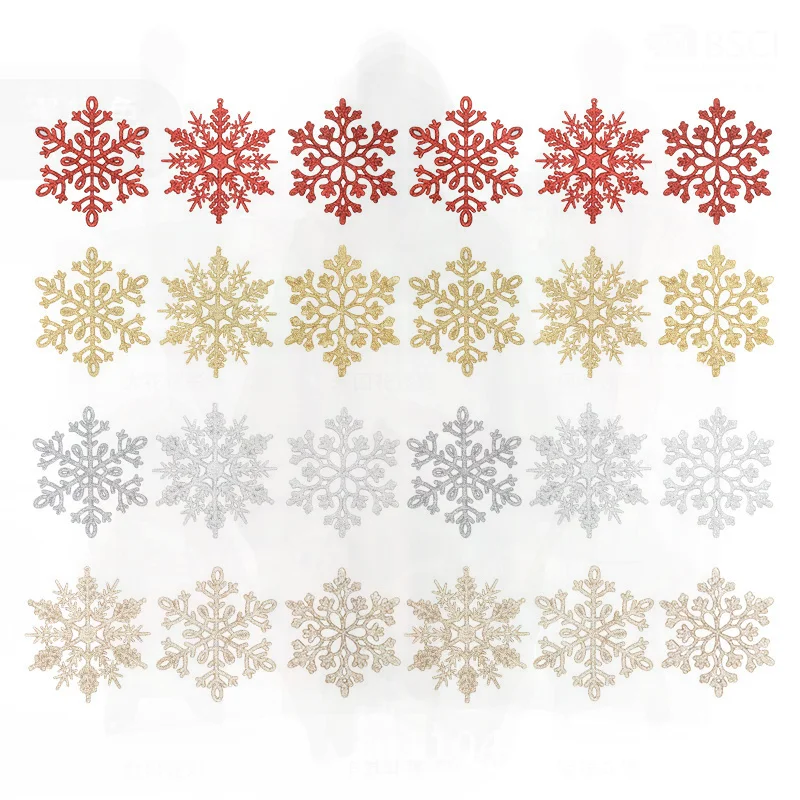 Juego de 24 Uds. De Chips de copo de nieve de Navidad, venta al por mayor transfronteriza, polvo brillante de 10cm para decoración de árbol, regalo, oro, plata, champán, rojo