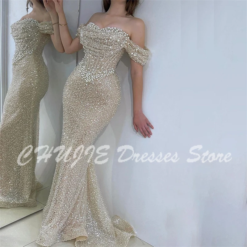 

Customized Sleeveless Long Sparkling Party Dress Off Shoulder Sweetheart Mermaid Evening Dress Pearl Tight Wedding Bridal Dress