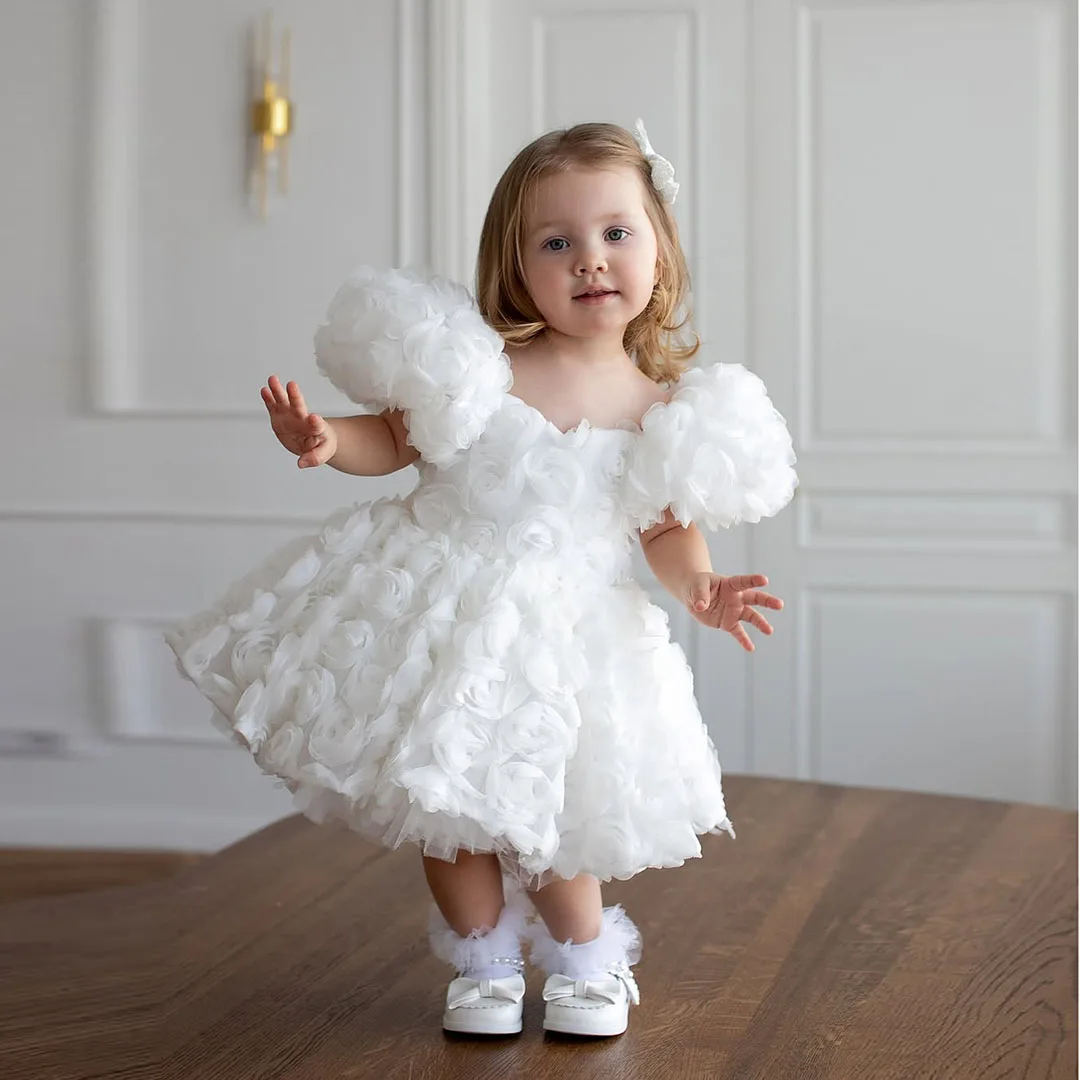 

Beauty White A-line Puffy Sleeve Tulle Kids Dress Knee-Length Little Girls Dresses 3D Rose Flower Short Birthday Party Ball Gown