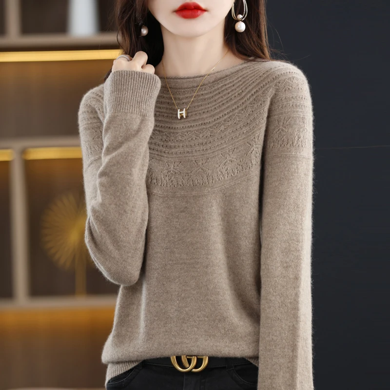 

100% Merino Wool Seamless Cashmere Sweater Women's O-Neck Hoodie Autumn/Winter New Knitted Sexy Hollow Wool Sweater