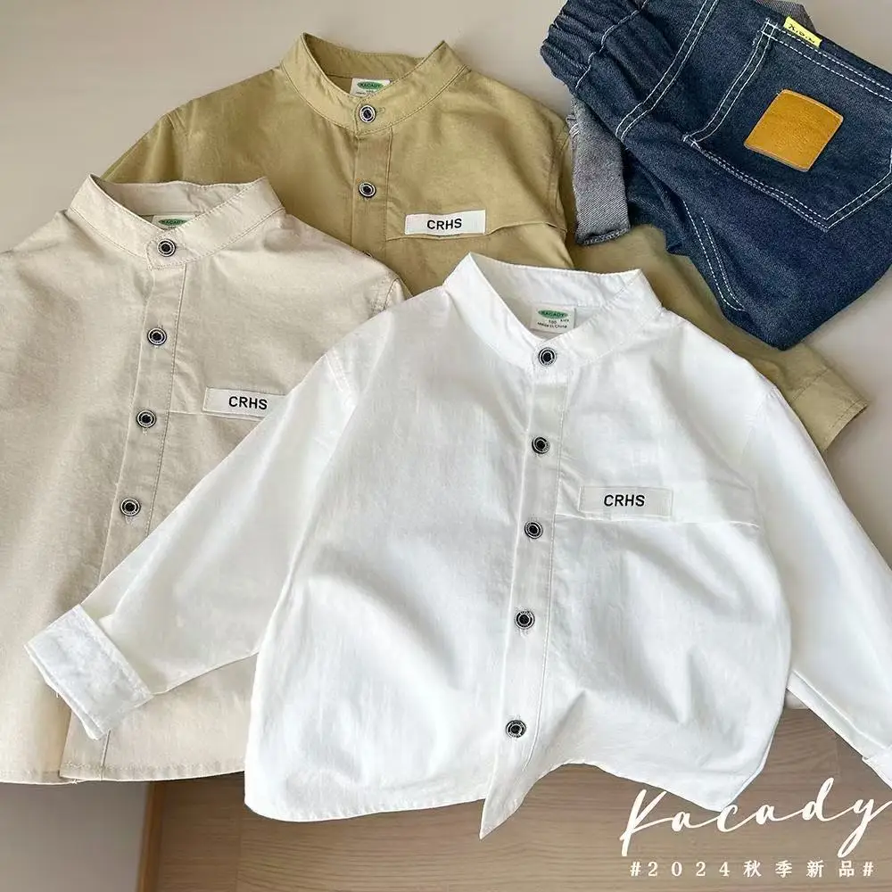 Spring Autumn Boys Cotton Stand Collar White Long Sleeve Shirt Kids Top Wholesale for