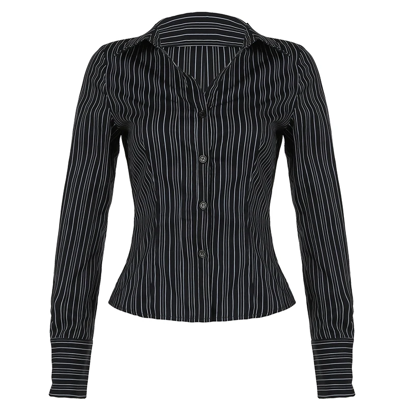 IAMHOTTY Chic Elegant Striped Button-up Shirt Black Casual Basic Slim-fitting Blouse Vintage Turn-down Collar Long Sleeve Tops