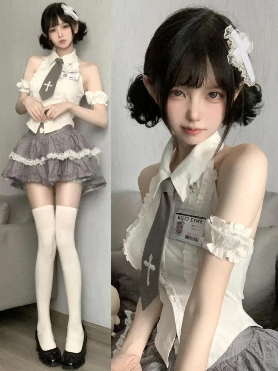 

White oulder-baring Blouse And ey Puffy Skirt Two-piece Set College Sle Faion Trend Young Women's Summer Outfit