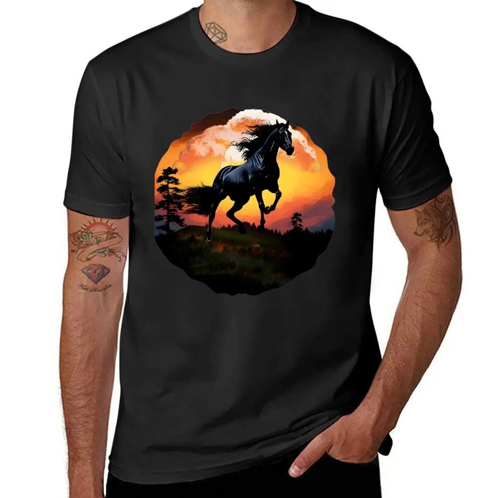 Stunningly Beautiful Black Friesian Horse on a Hilltop Graphic Design T-Shirt oversized anime clothes mens t shirt