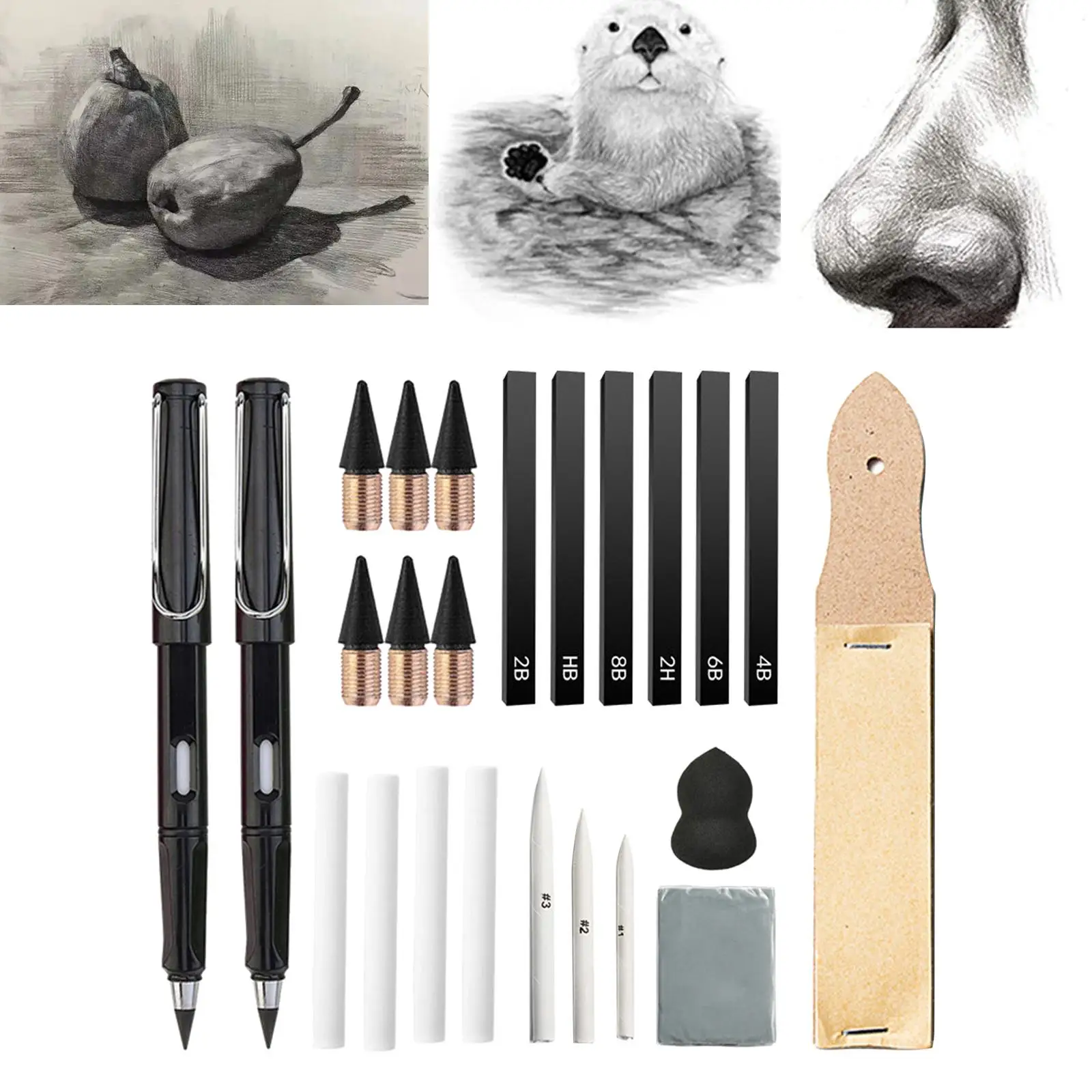 24x Sketching Drawing Grinding Sandpaper Kneaded Eraser Sponge Refill Heads Writing Eternal Pencils Shading