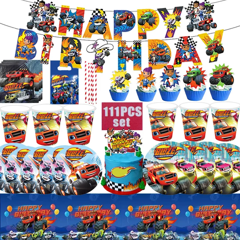 Flame Monster Truck Racing Party Decor Kit 111PCS Happy Birthday Banner Cake Topper Plates Cups Napkins Hanging Swirls Off Road