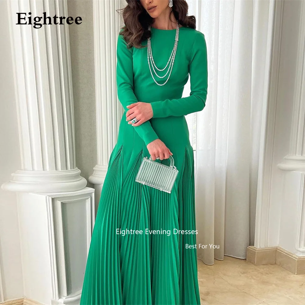 Eightree Green Satin Evening Dresses Long Sleeves Vintage O Neck Backless Pleat Party Dresses Woman Abendkleider Dubai 2024