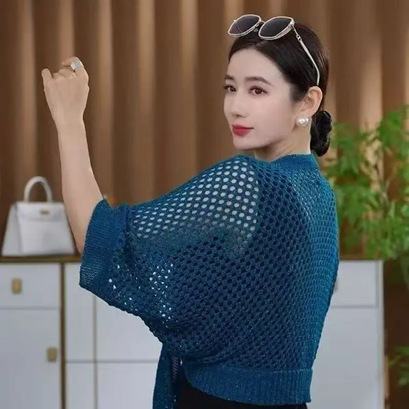2025 nuevo cárdigan de punto calado de verano, abrigo para mujer, suéter suelto elegante, ropa de protección solar