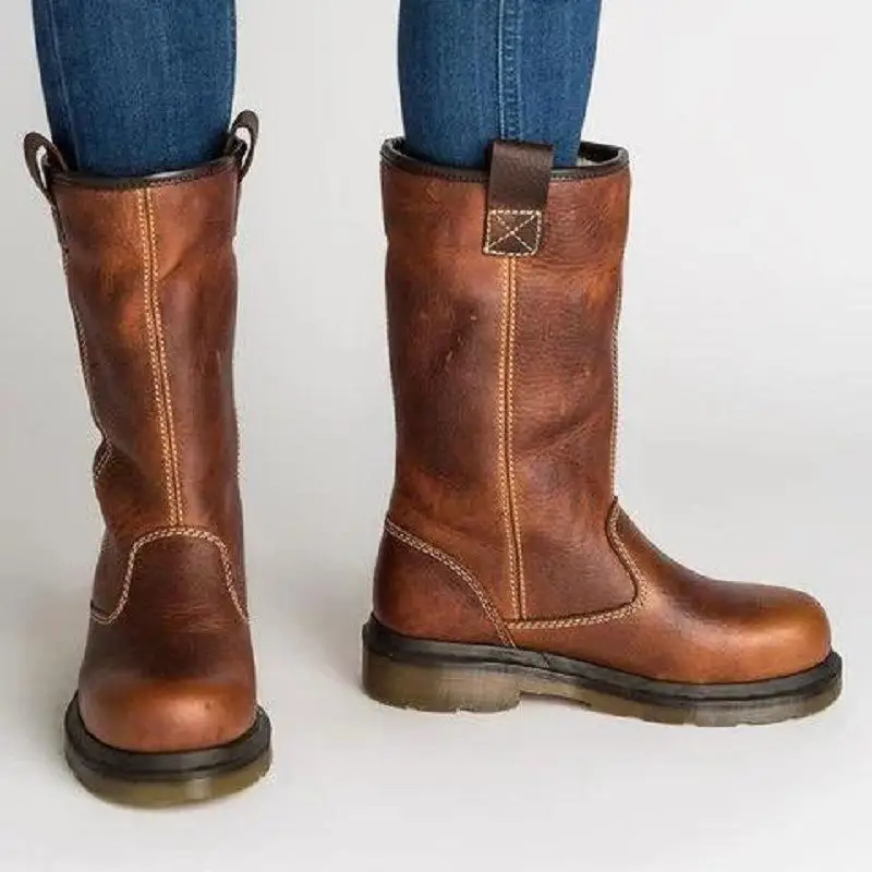 Damen Braune Halbhohe Stiefel Winter Warm Kunstfell Gefütterte Manschette Gummisohle Schuhe Lässiger Niedriger Absatz Runde Zehenpartie Slip-On Outdoor-Stiefel – Detail 5