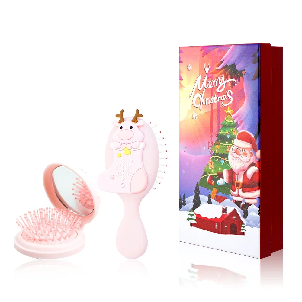Christmas Elk Socks Cartoon Air Cushion Comb Gift Box Set Foldable Hairbrush Air Cushion Hair Brush Detangling Christmas Gifts