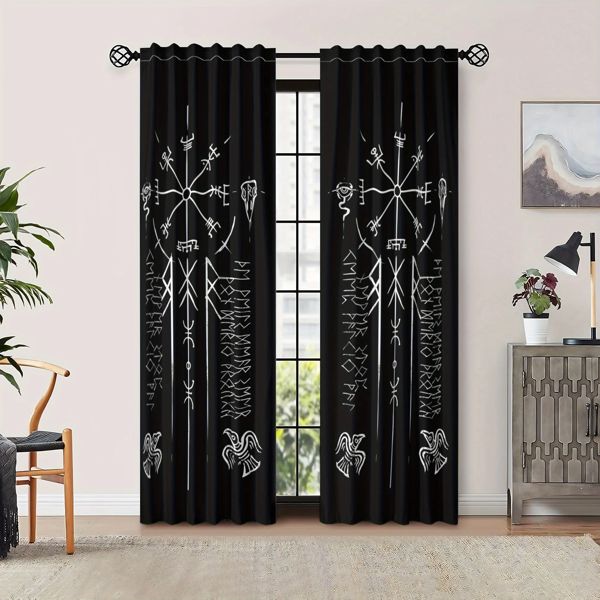 Vegvisir Viking Rune Curtains, Nordic Mythology Symbol Blackout Drapes, Occult Home Decor for Living Room Bedroom