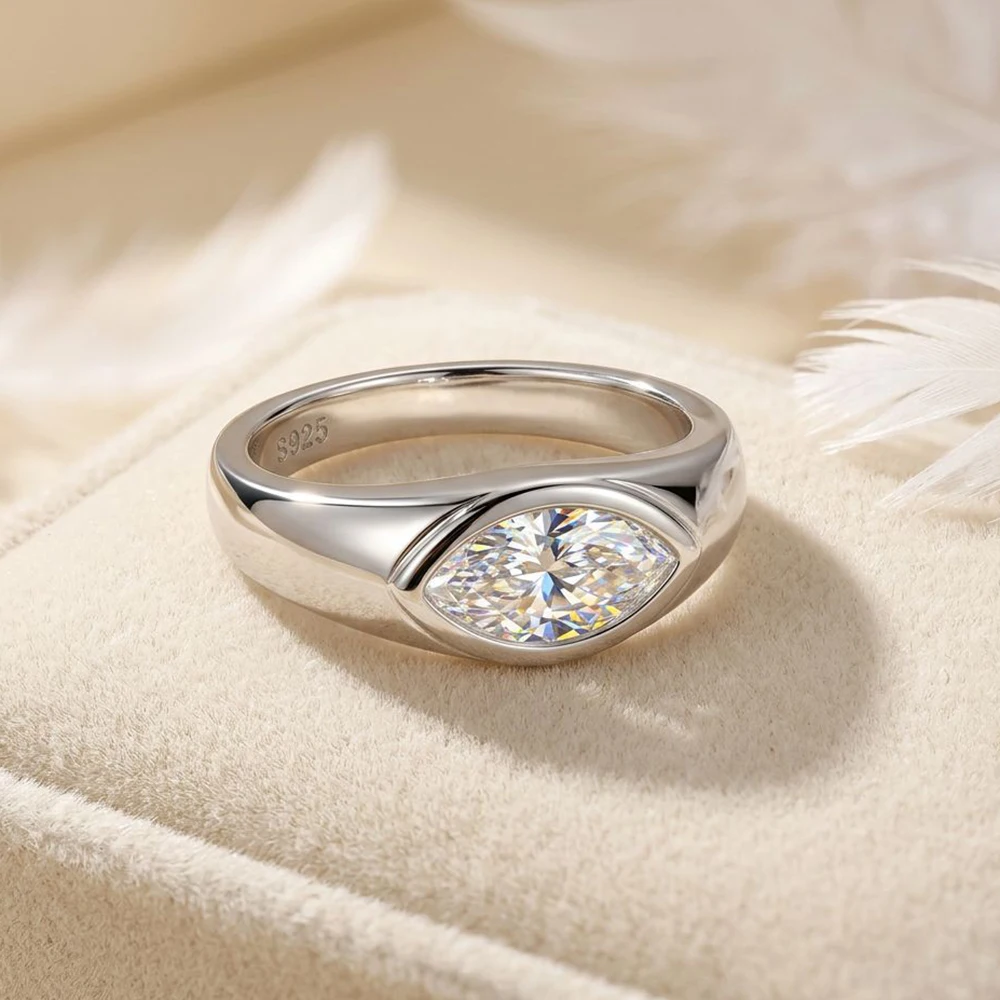 2CT Gra Certified Bezel Set East West Marquise Cut Moissanite Engagement Rings S925 Silver Solitaire Lab Diamond Chunky Ring