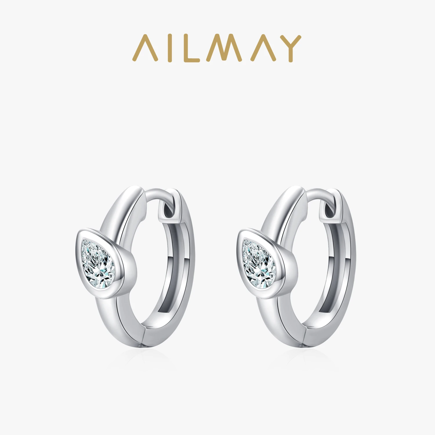 Ailmay Solid 925 Sterling Silver Trendy Water Drop Shape Cubic Zirconia Hoop Earrings For Women Luxury Wedding Jewelry Gifts