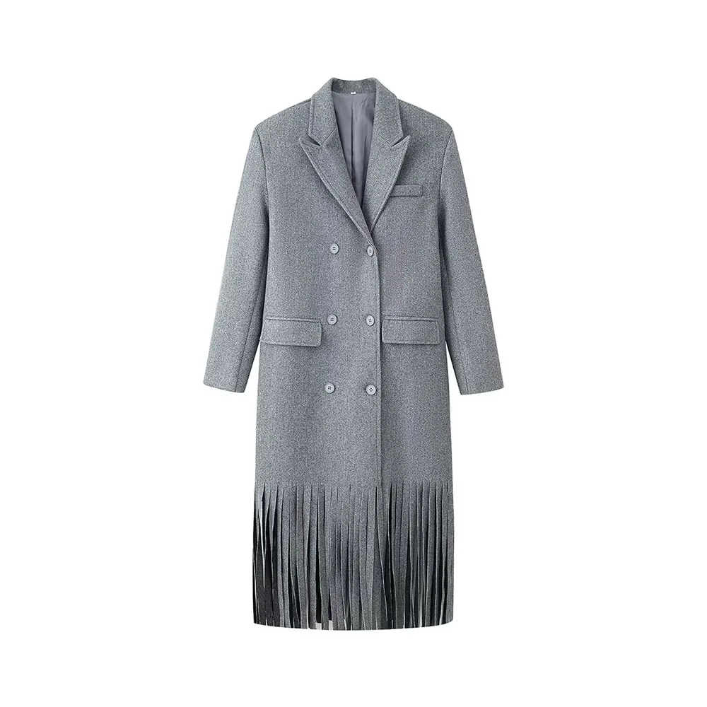 

Autumn new women's fashion simple tassel hem double row button woolen long jacket