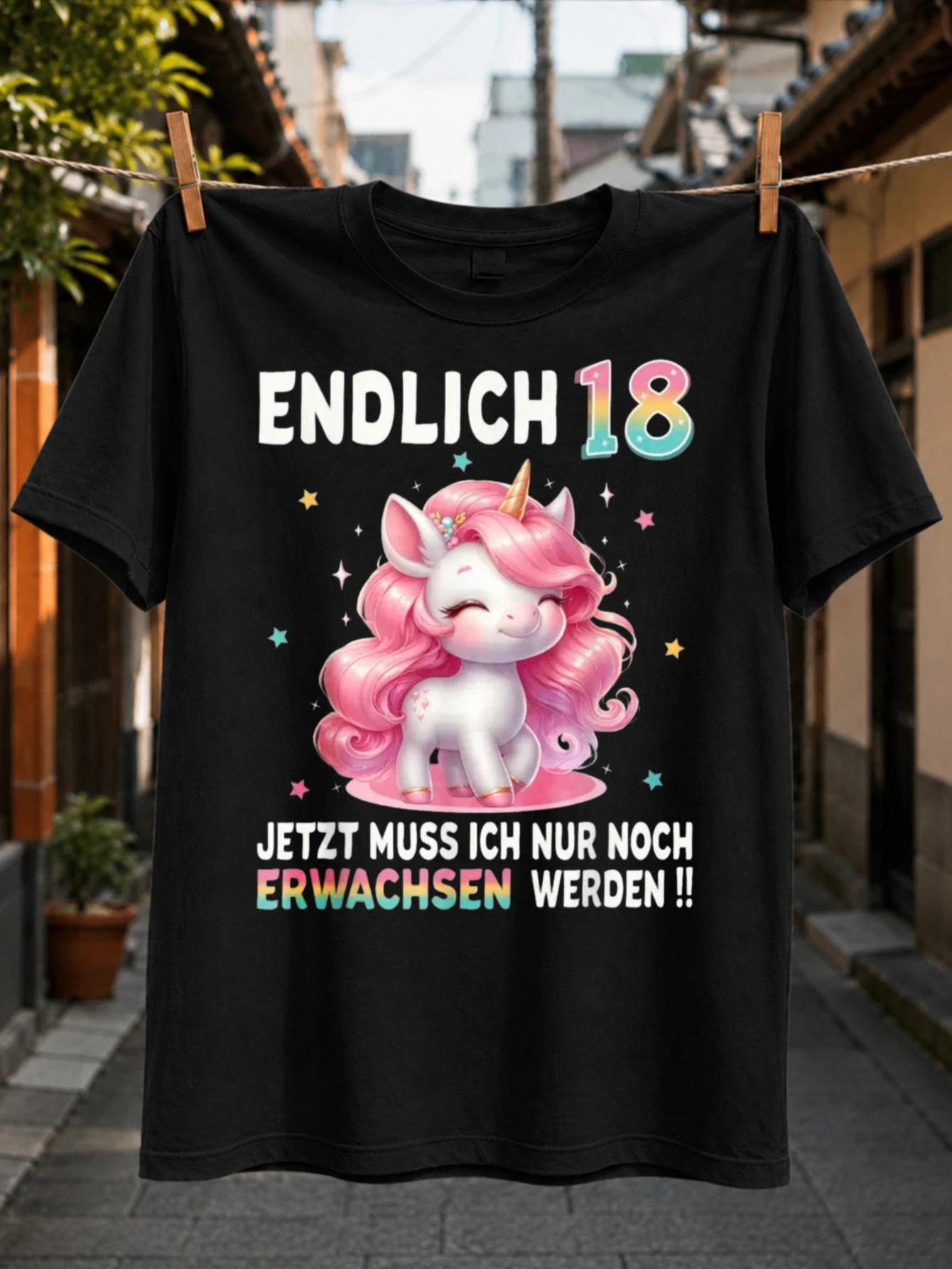 German Finally 18 Unicorn Quote pinkhaired unicorn surrounded by colorful stars and bold birthday  Unisex All T-Shirt