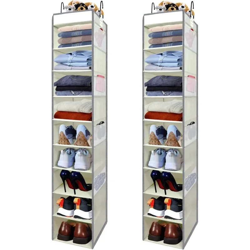 2 Pack Large-Sized Hanging Shoe Organizer 10-Shelf, Sturdy Hanging Closet Organizer with 8 Side Pockets, Wider Hanging Shelves